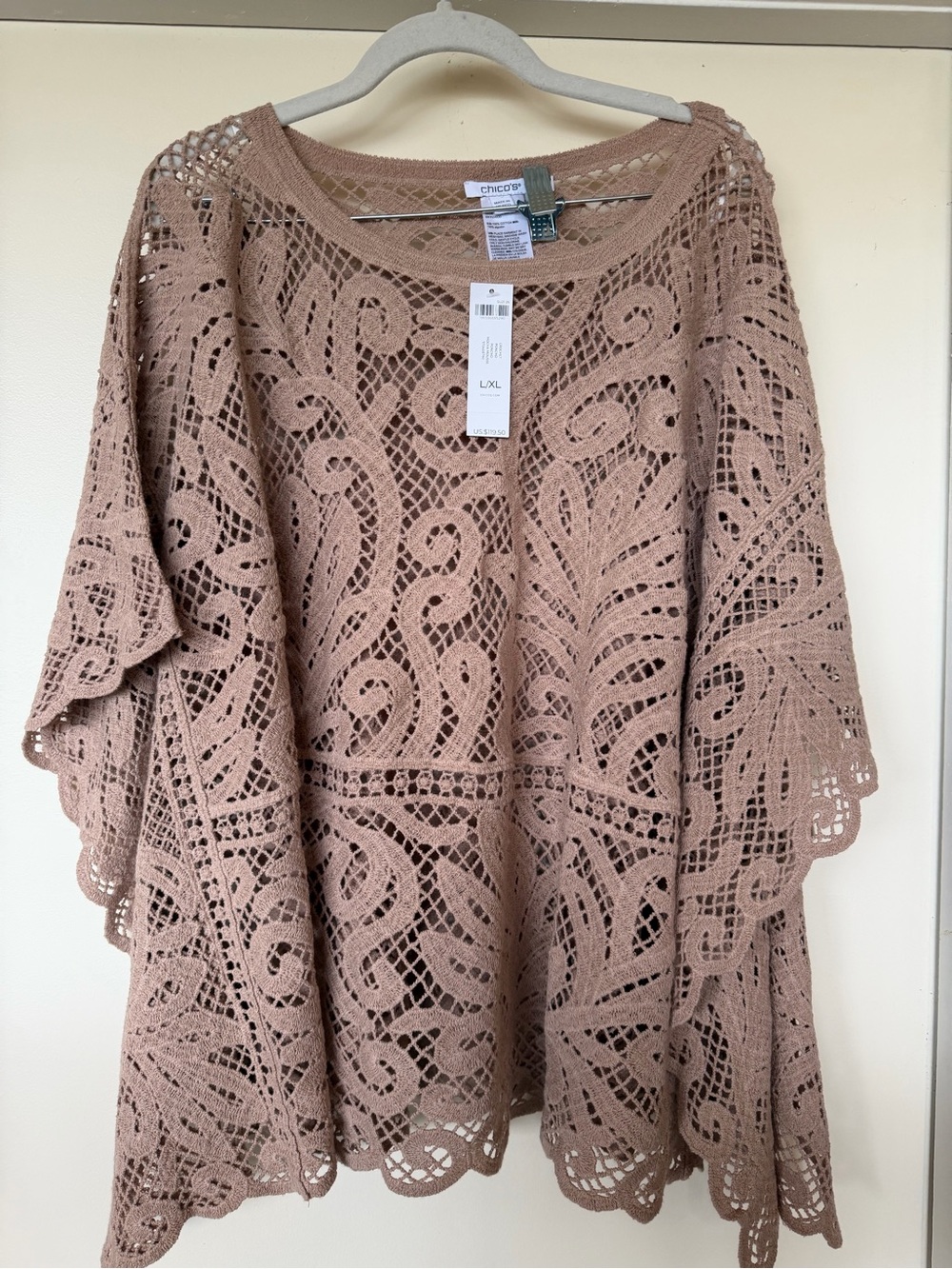 Chico's Dusty Rose Openwork Crochet Tunic Poncho